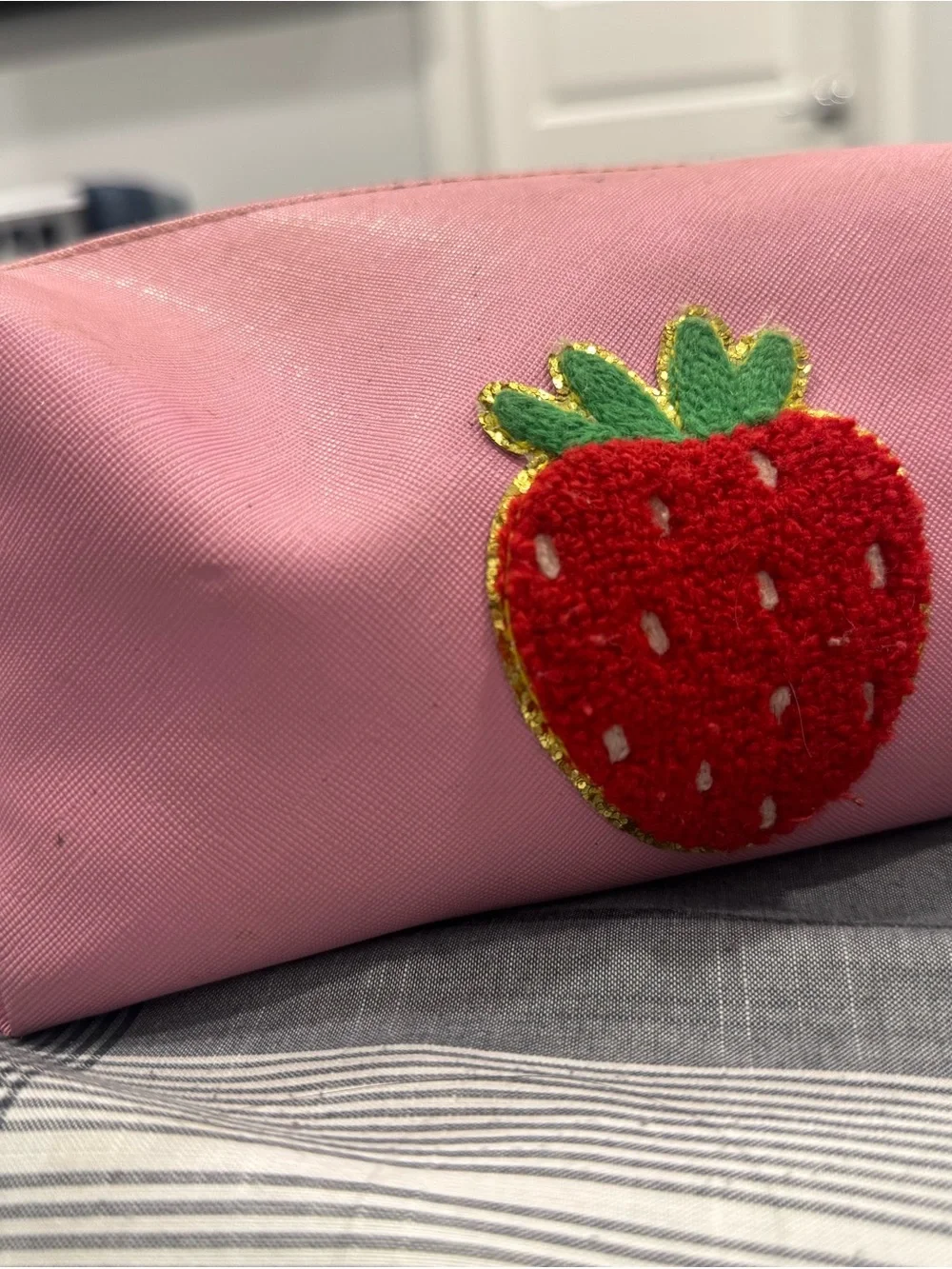 Pink Strawberry Embroidered Cosmetic Bag